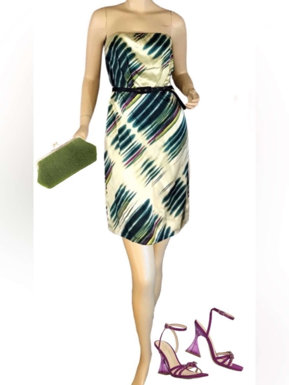THE LIMITED GREEN, PURPLE AND BLUE PRINT STRAPLESS SILK DRESS WITH BELT NWT (12)